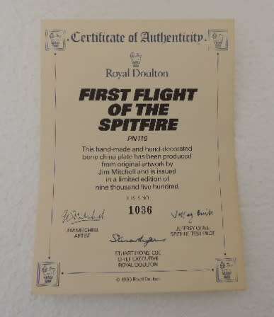 ROYAL DOULTON HEROES OF THE SKY PLATE - "FIRST FLIGHT OF THE SPITFIRE" with COA