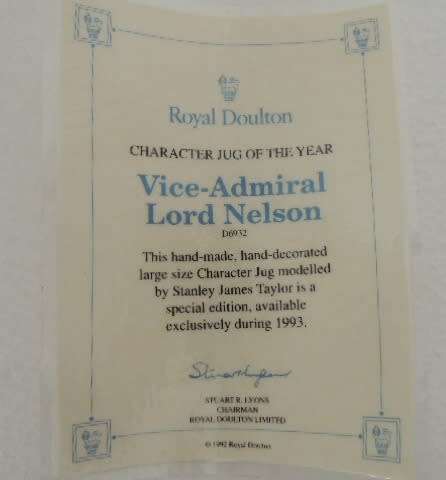 ROYAL DOULTON LARGE CHARACTER JUG - "VICE-ADMIRAL LORD NELSON" D6932