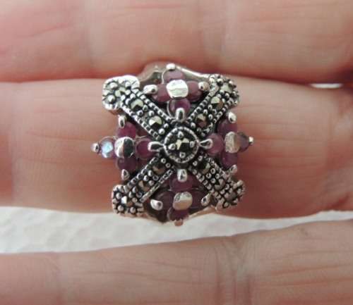 STERLING SILVER RING - NATURAL RUBIES AND MARCASITES