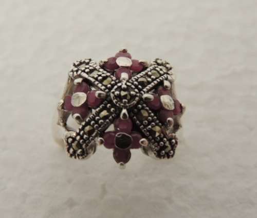 STERLING SILVER RING - NATURAL RUBIES AND MARCASITES