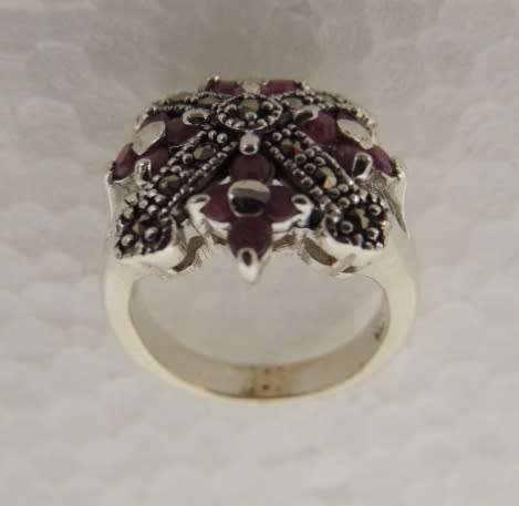 STERLING SILVER RING - NATURAL RUBIES AND MARCASITES