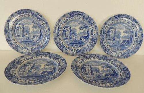 5 COPELAND SPODE BLUE ITALIAN ENTREE/SALAD PLATES 23 cm, original backstamp