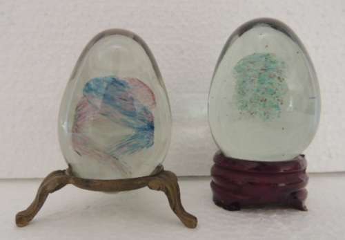 Two Art Glass Eggs On Stands