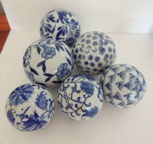 Blue & White Decorative Ceramic Balls X 6