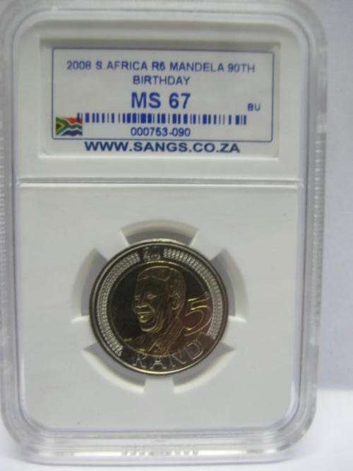RARE 2008 MANDELA BIRTHDAY R5 COIN / MS67 / SANGS GRADED / VERY SCARCE COIN