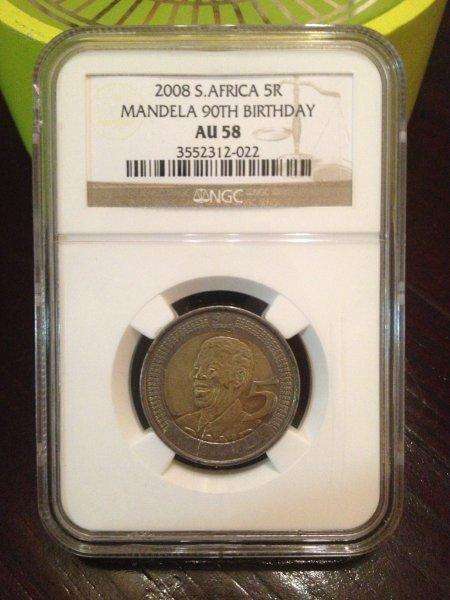 5X 2008 MANDELA 90TH BIRTHDAY R5 COIN NGC AU58.