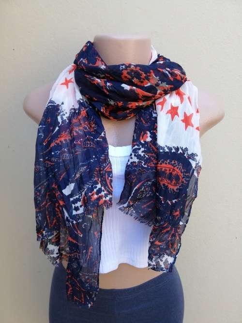 LADIES SCARF - NAVY, RED and WHITE WITH PAISLEY and STARS