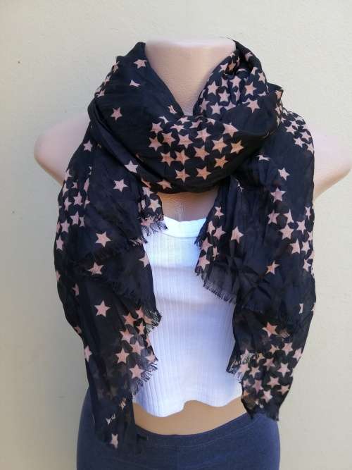 LADIES SCARF - BLACK WITH PEACH STARS