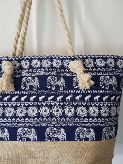 CANVAS BEACH BAG - NAVY WHITE ELEPHANTS 45CM x 32CM