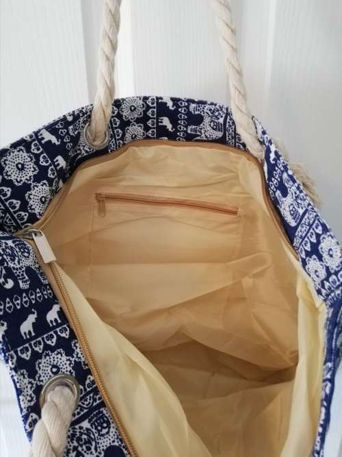 CANVAS BEACH BAG - NAVY WHITE ELEPHANTS 45CM x 32CM