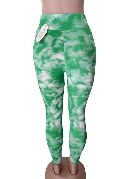LADIES TIE DYE HIGH WAISTED LEGGINGS - L/XL GREEN