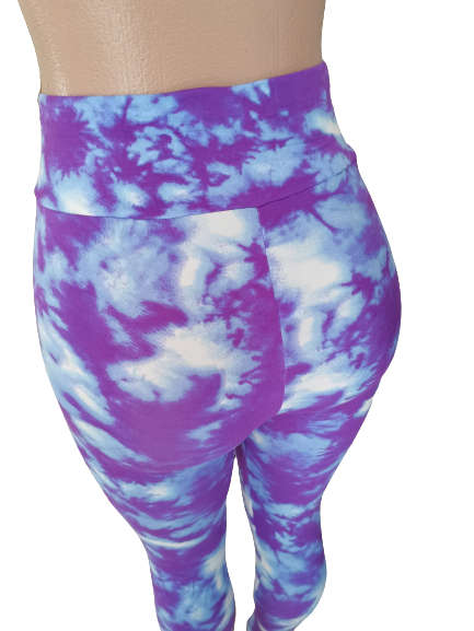 LADIES TIE DYE HIGH WAISTED LEGGINGS - M/L PURPLE