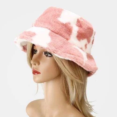 Faux Fur Bucket Hat - Pink and White