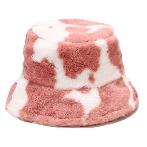Faux Fur Bucket Hat - Pink and White
