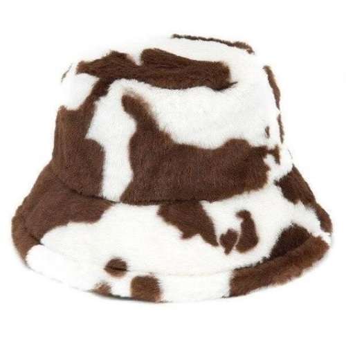 Faux Fur Bucket Hat - Dark Brown and White