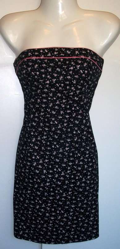 Strapless Black Dress with Tiny Pink Flower Print - Size Small / 8