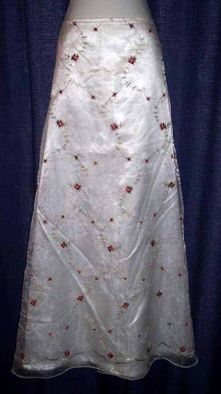 Long (Floor Length) White Satin-like Skirt with Embroidered Overlay - Size 32