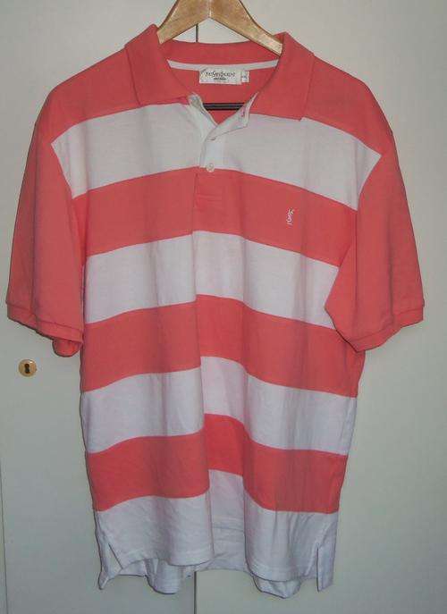 Peach and White Striped Golf Shirt by (YSL) YVES SAINT LAURENT - Size XL
