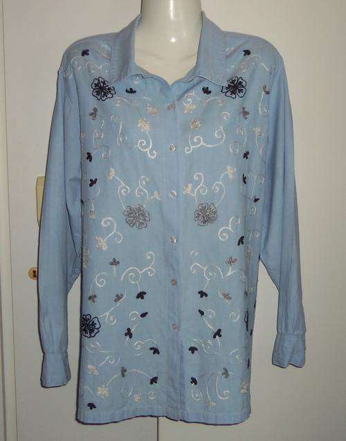 Stunning Light Blue Long Sleeved Shirt with Front Embroidery by PENNY C - Size 20