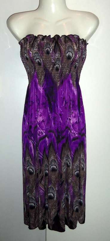 Gorgeous Purple Summer Dress with Peacock Feather Print - Size S/M  ** New **