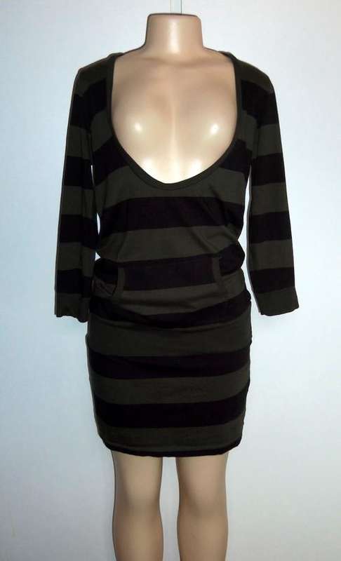 Dark Khaki and Black Striped Hooded Dress with Open Bust Area by STRADIVARIUS - Size Large