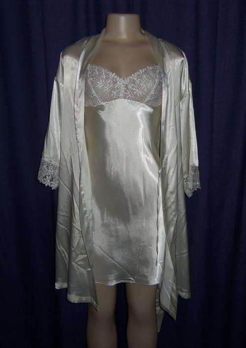 SET ~ Cream Satin Nightdress and Nightgown by EMOTION LINGERIE - Size Medium