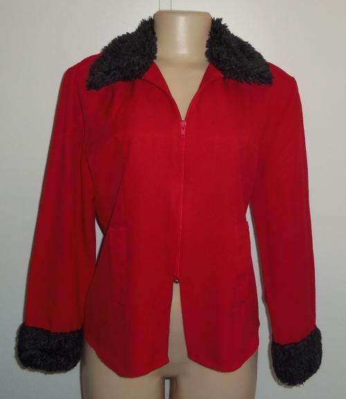 Red Jacket with Charcoal Faux Fur Collar and Cuffs - Size LARGE (Approx. 36/38)