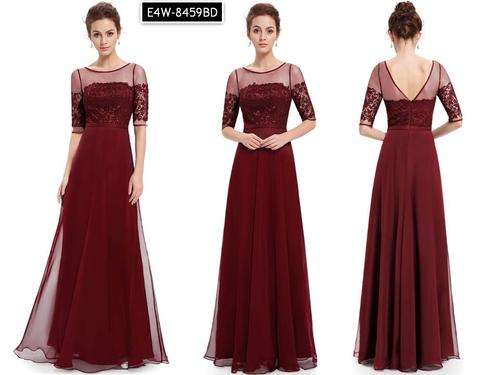 E4W-8459BD: Elegant Burgundy Half Sleeve Vintage Maxi Evening Party Dress - SIZE 10