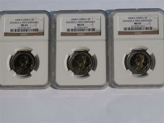 R1 START. 3 X MS65 MANDELA BIRTHDAY R5 COINS. CONSECUTIVE SERIAL NUMBERS.