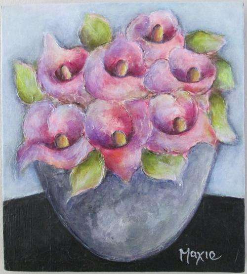 ARUM LILIES IN POT by MAXIE LESSING - ACRYLIC ON CANVAS BOARD