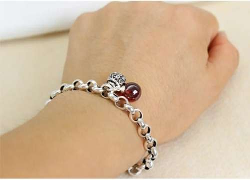 925 Silver Vintage Bell and Red Stone Bracelet