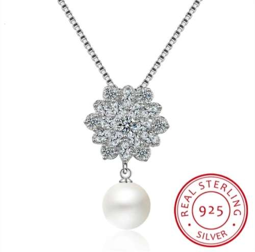 925 Silver Cubic Zirconia Flower and Hanging Pearl Necklace