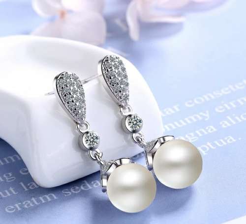 925 Silver Clear Crystal Pearl Earrings