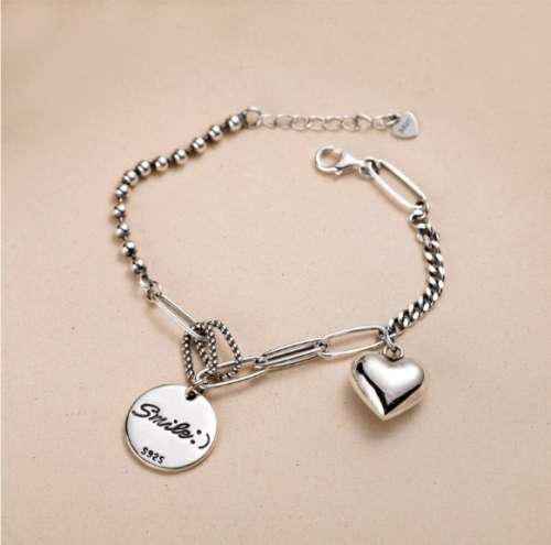 925 Silver Solid Heart and Smile Bracelet