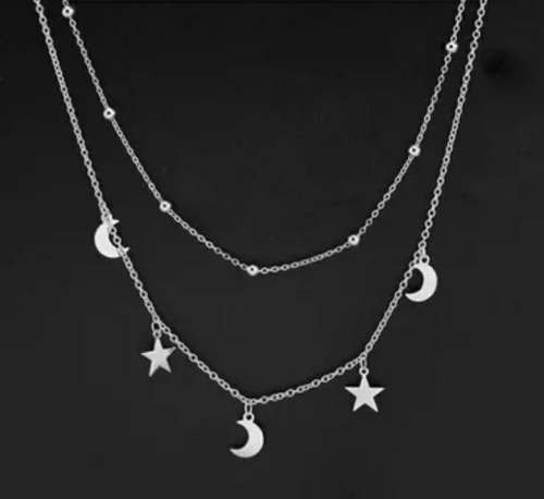 925 Silver Double Layer Moon and Star Choker Necklace