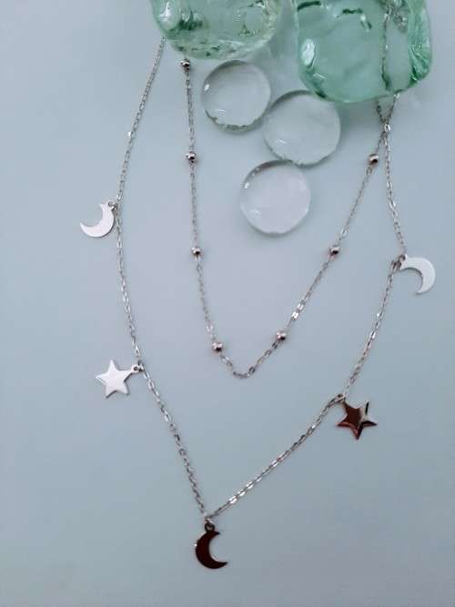 925 Silver Double Layer Moon and Star Choker Necklace