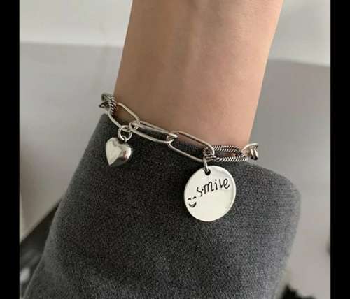 925 Silver Solid Heart and Smile Bracelet