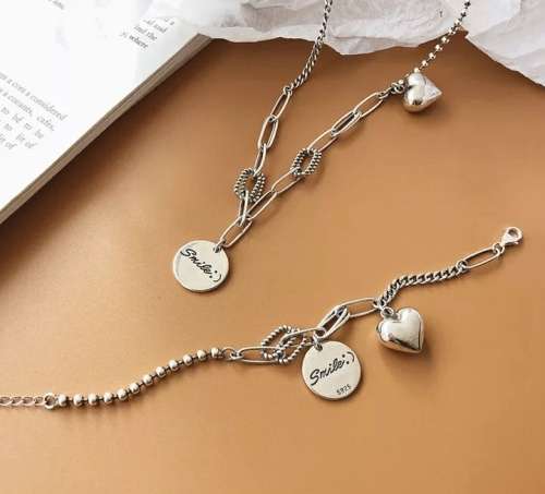 925 Silver Solid Heart and Smile Bracelet