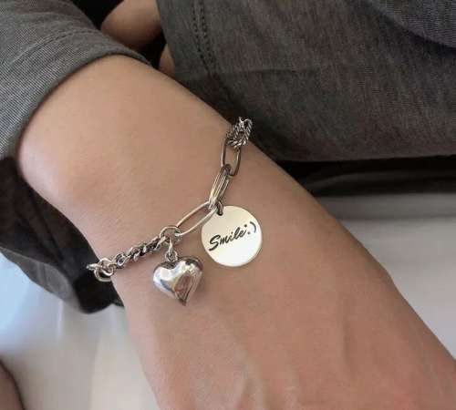925 Silver Solid Heart and Smile Bracelet