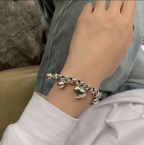 925 Silver Round Beads with Love Heart Bracelet
