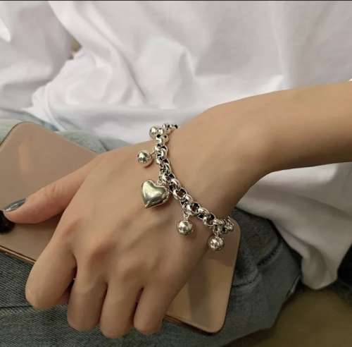 925 Silver Round Beads with Love Heart Bracelet