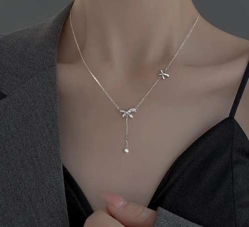 925 Silver CZ Bow Knot Tassel Necklace