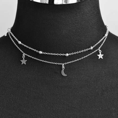 925 Silver Double Layer Moon and Star Choker Necklace