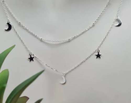 925 Silver Double Layer Moon and Star Choker Necklace