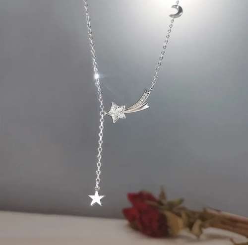 925 Silver Moon and Star with CZ Necklace