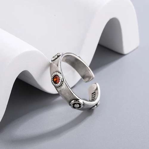 925 Silver Deep Red Stone Flower Ring