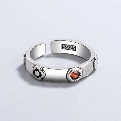 925 Silver Deep Red Stone Flower Ring