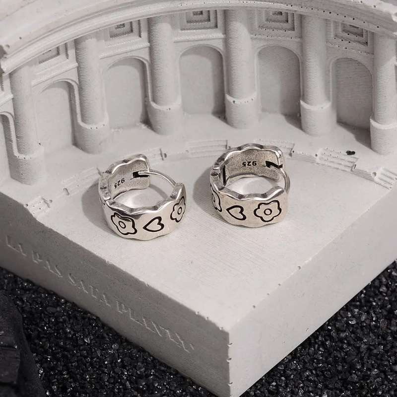 925 Silver Love Heart Flower Huggies