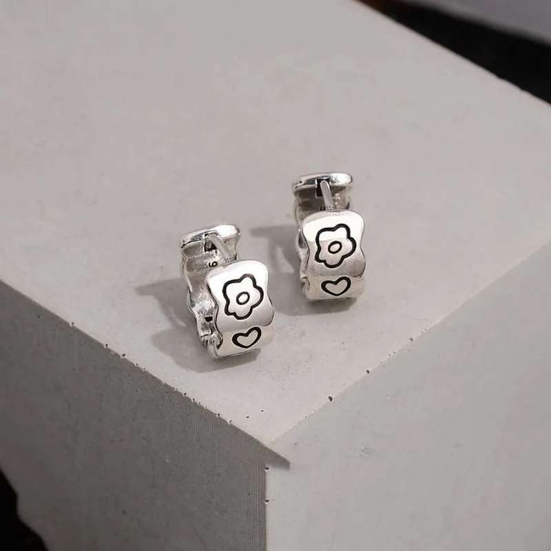 925 Silver Love Heart Flower Huggies