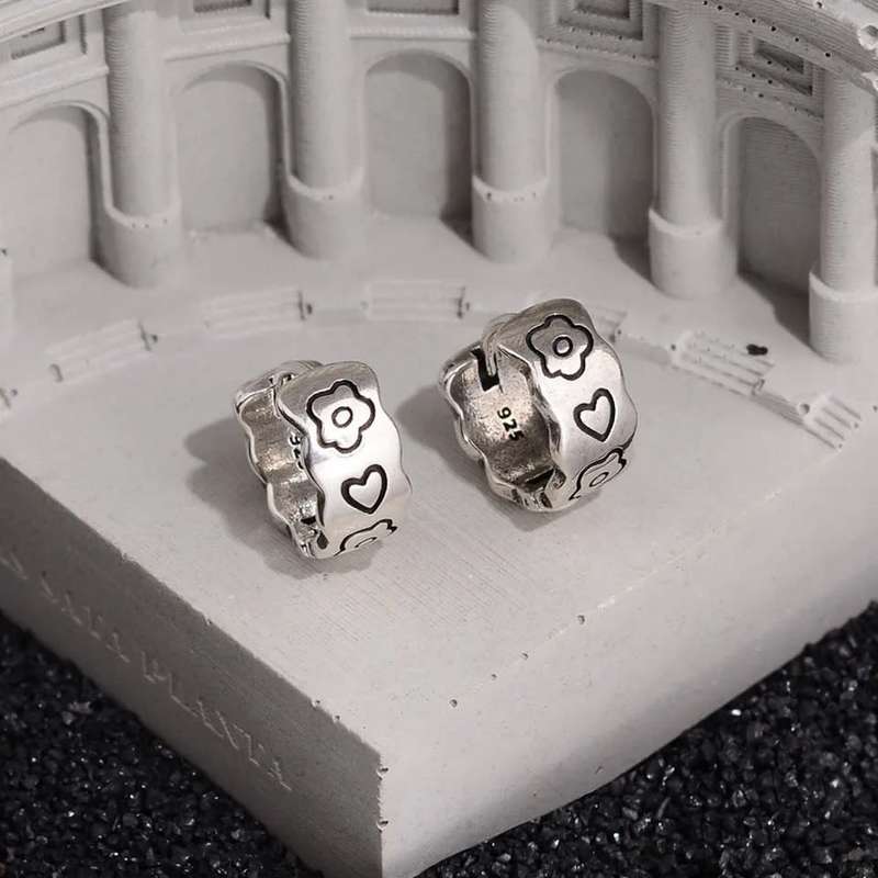 925 Silver Love Heart Flower Huggies